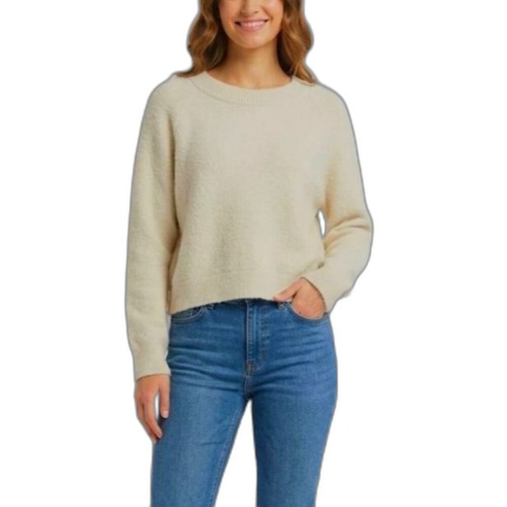 Azalea Wang Women's Cream Fluffy Knit Boxy Open Crewneck LS Sweater Size L